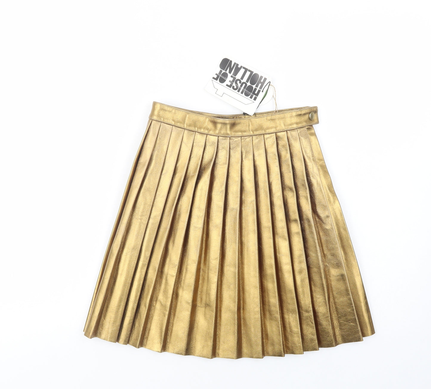 House of Holland Womens Gold  Leather Pleated Skirt Size 10   Snap