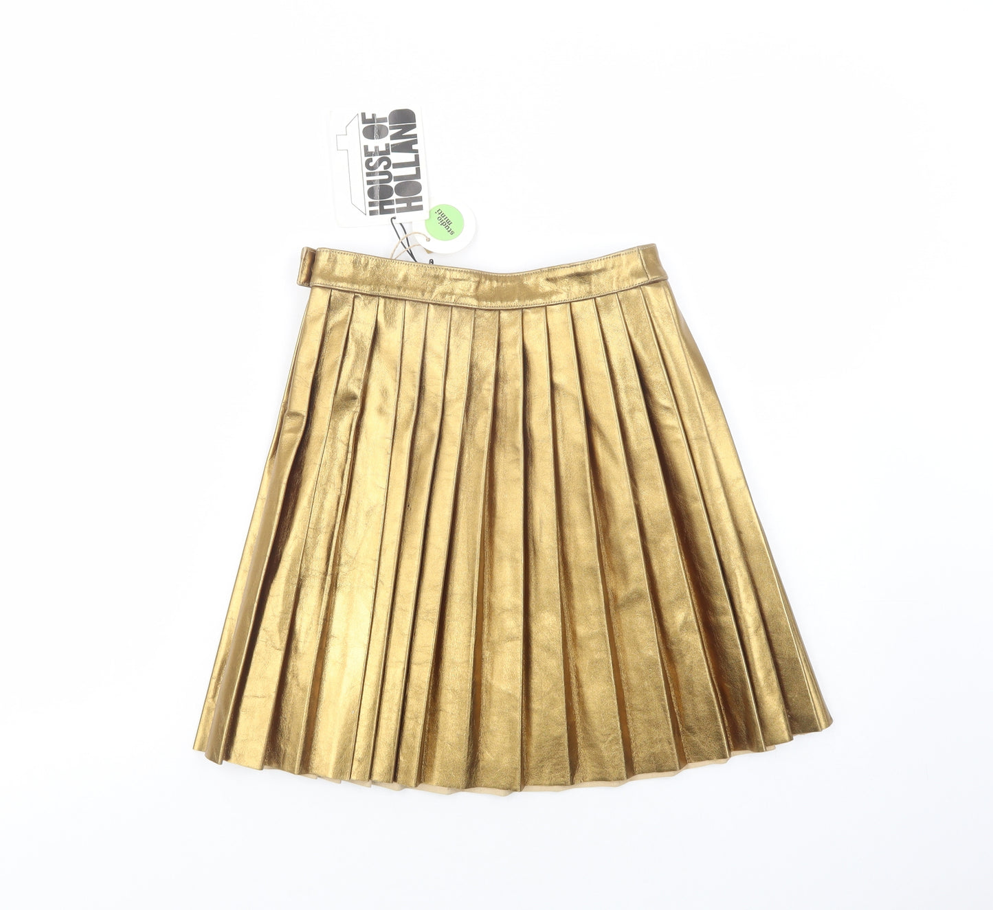 House of Holland Womens Gold  Leather Pleated Skirt Size 10   Snap