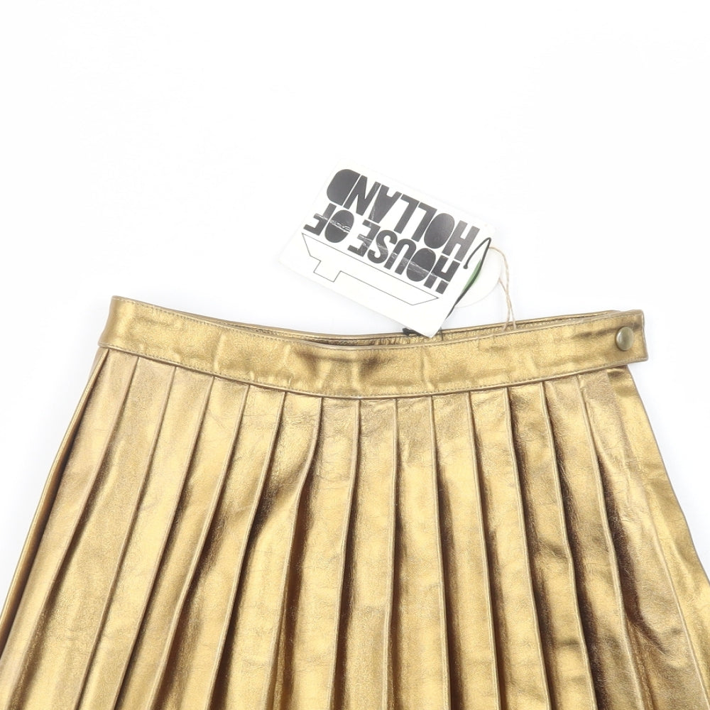 House of Holland Womens Gold  Leather Pleated Skirt Size 10   Snap