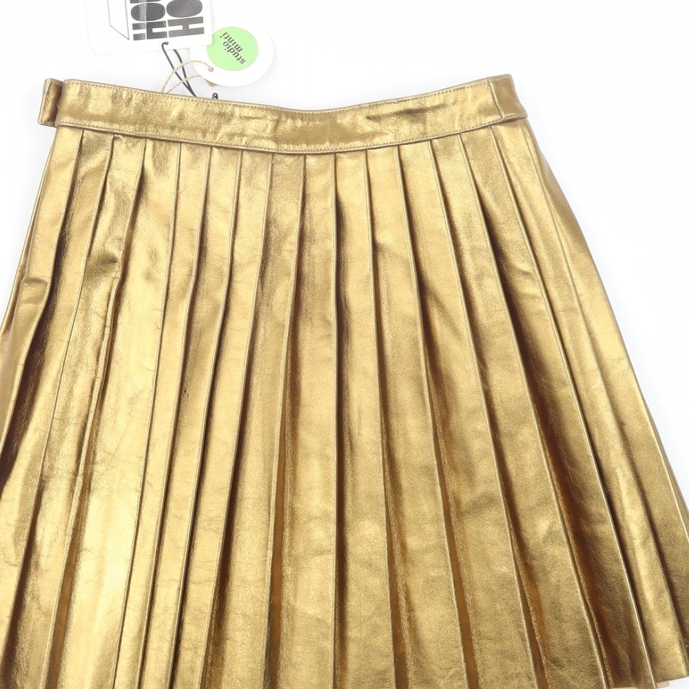 House of Holland Womens Gold  Leather Pleated Skirt Size 10   Snap