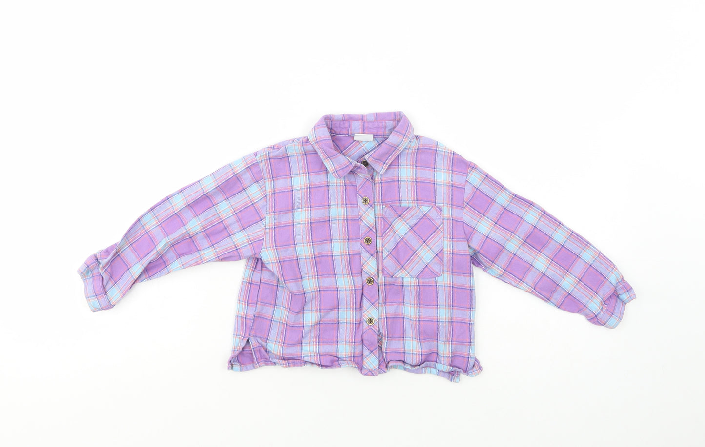 NEXT Girls Purple Plaid Cotton Basic Button-Up Size 3 Years Collared Button