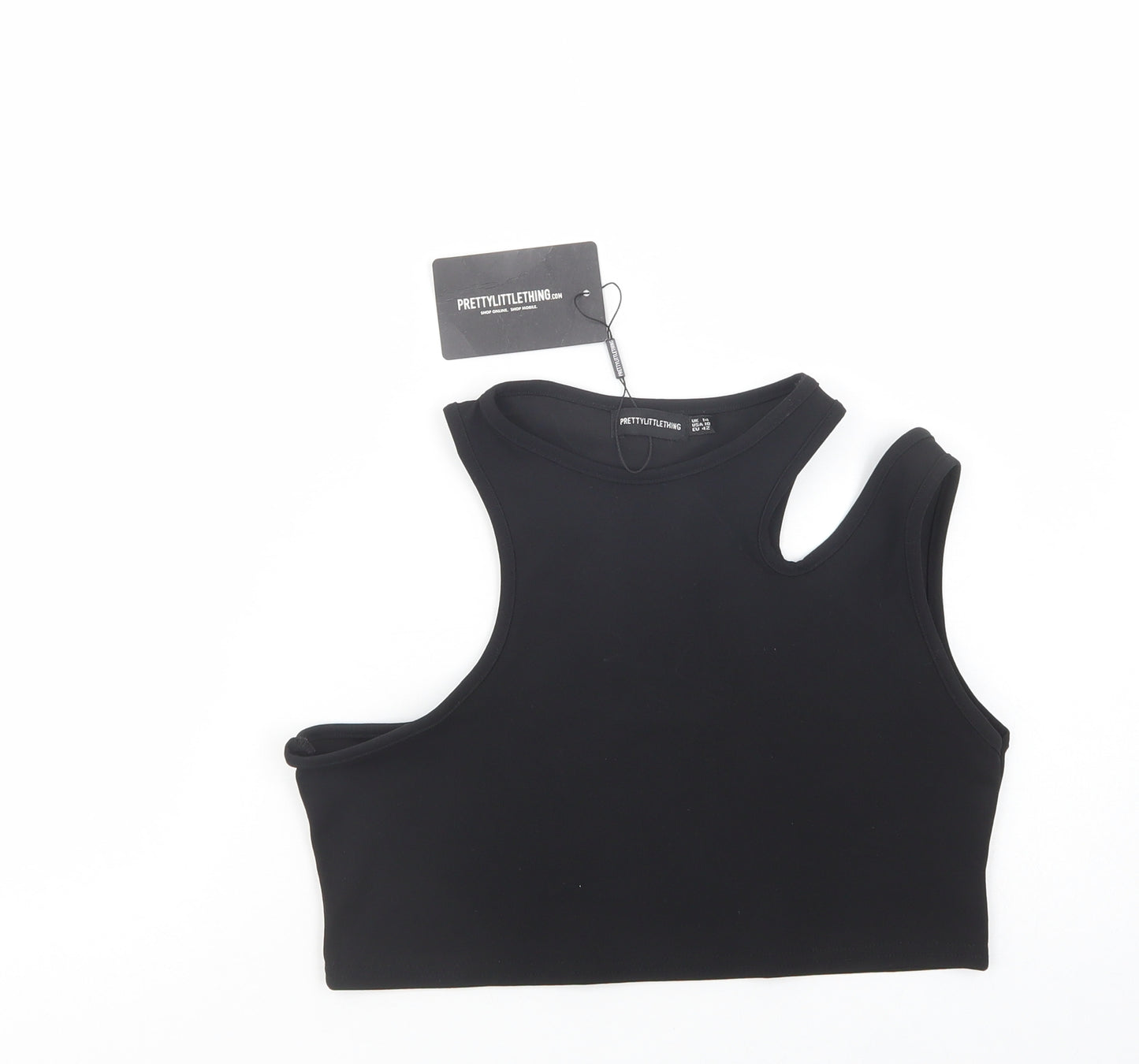PRETTYLITTLETHING Womens Black  Polyester Cropped Tank Size 14 Round Neck