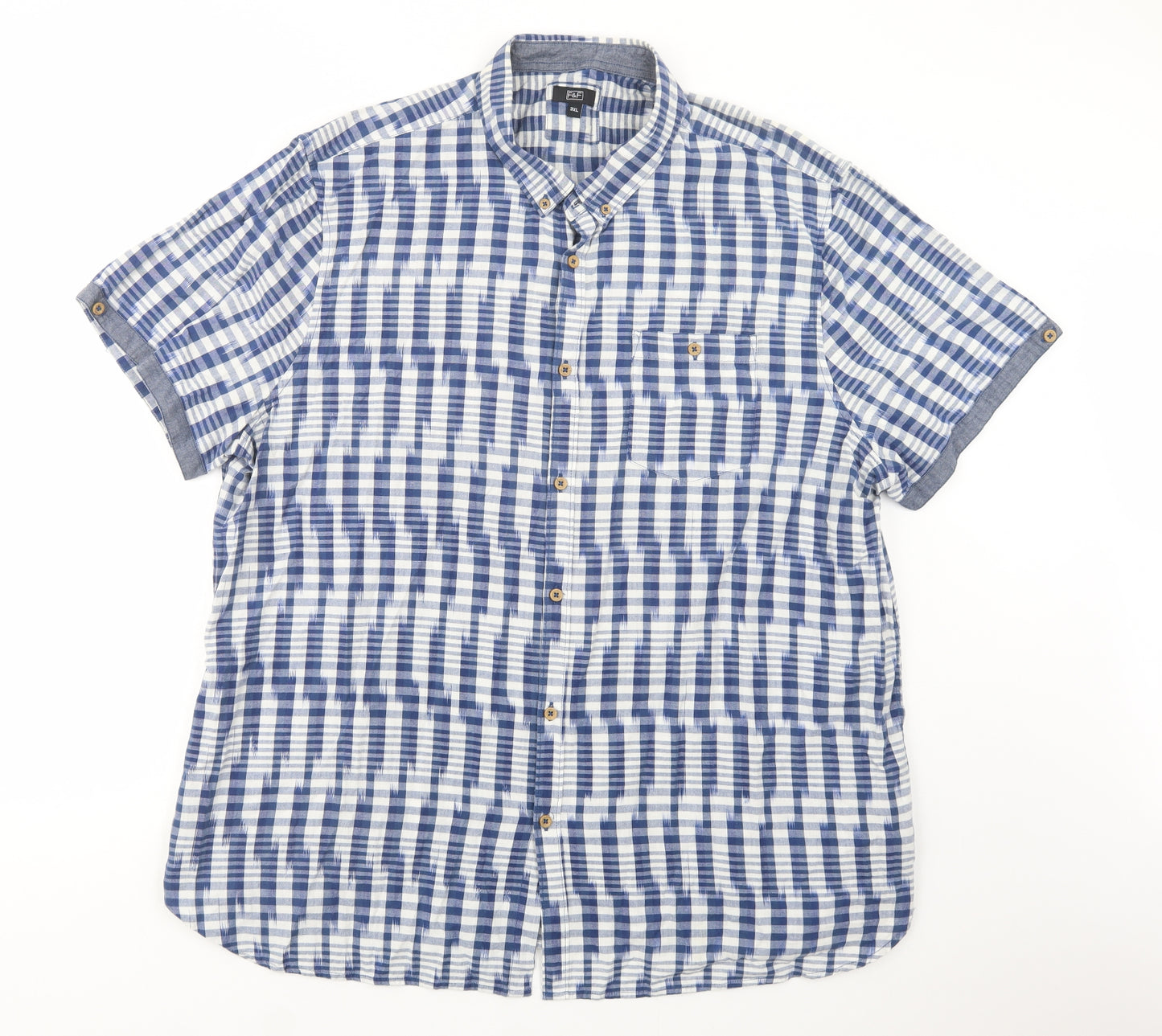 F&F Mens Blue Geometric Cotton  Button-Up Size 3XL Collared Button