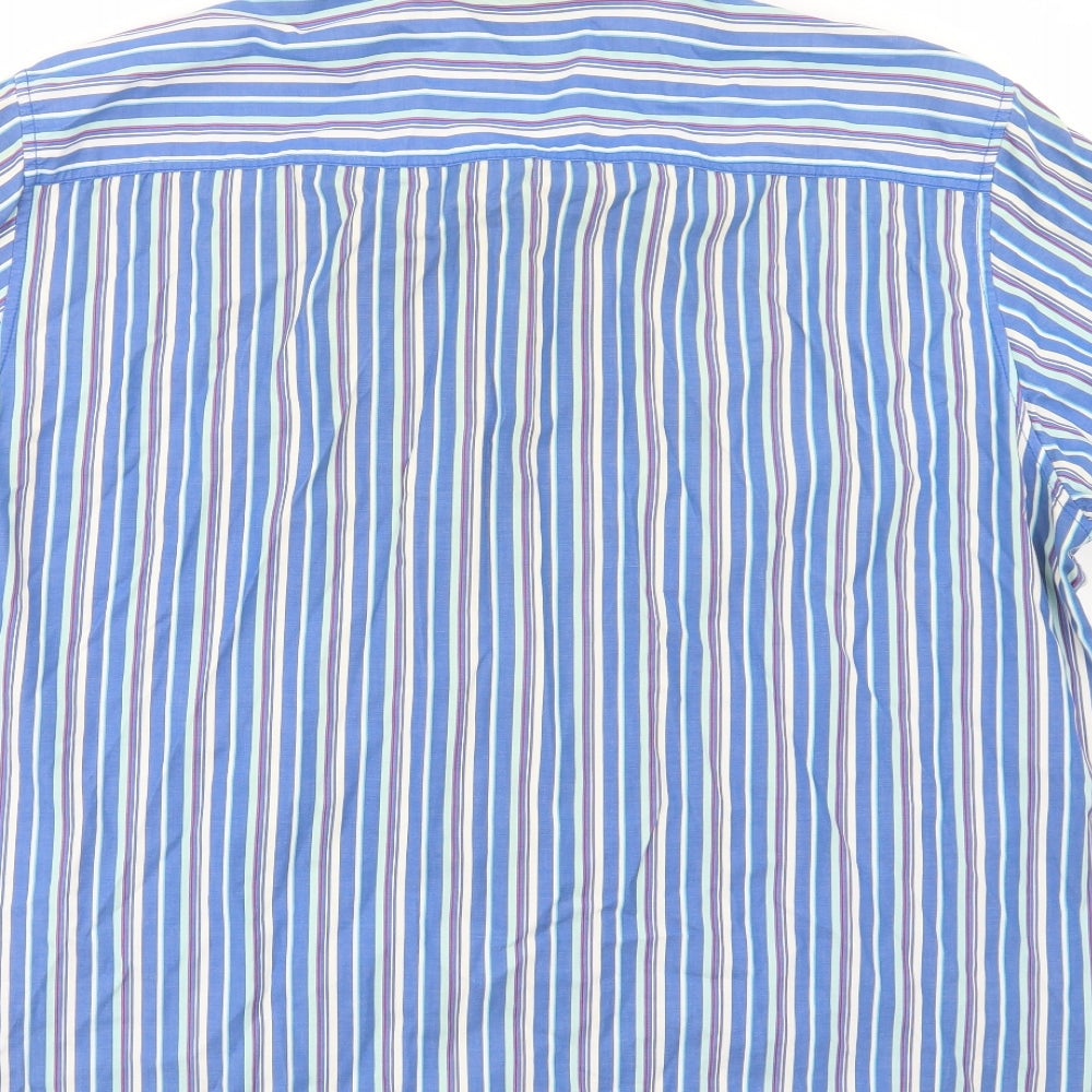Marks and Spencer Mens Blue Striped Cotton  Button-Up Size 2XL Collared Button
