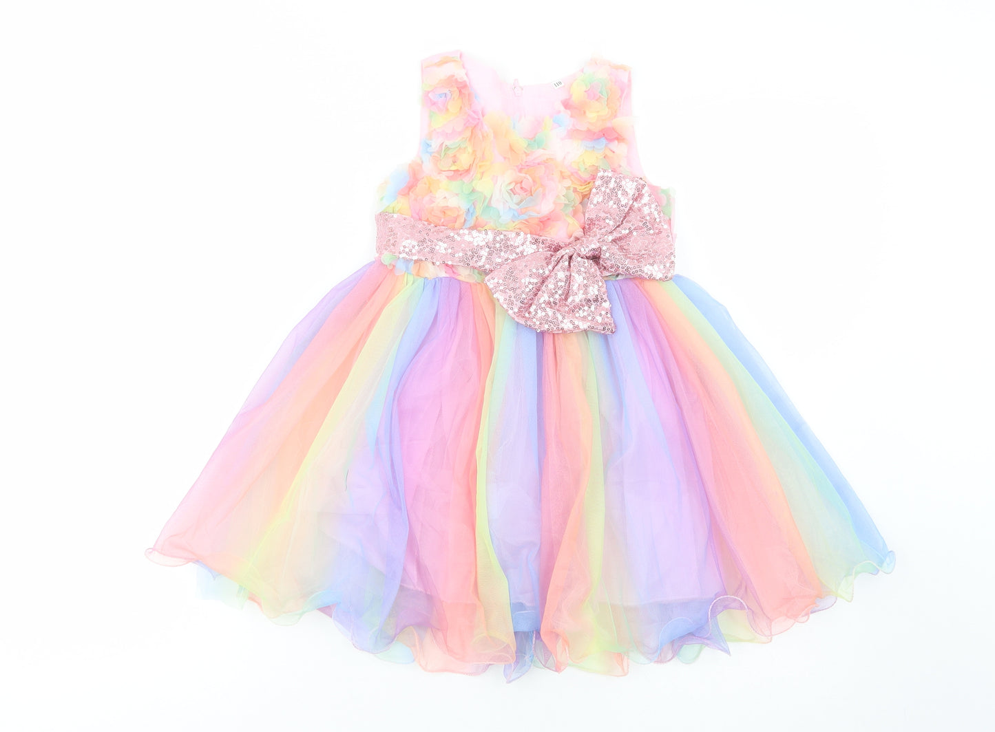 Preworn Girls Multicoloured  Polyester Ball Gown  Size 4-5 Years  Scoop Neck Zip - Flower Detail