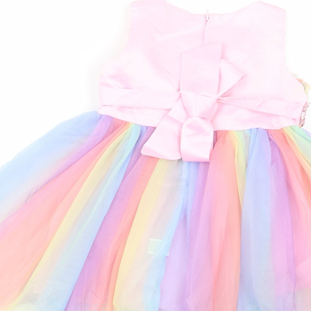 Preworn Girls Multicoloured  Polyester Ball Gown  Size 4-5 Years  Scoop Neck Zip - Flower Detail