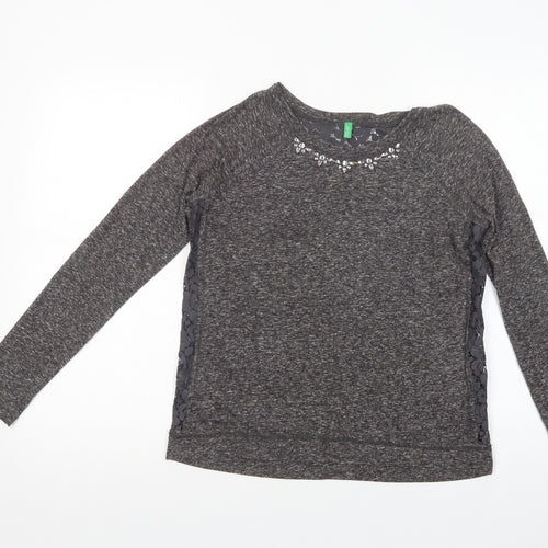 United Colors of Benetton Womens Grey  Cotton Basic Blouse Size S Crew Neck - Embellished Neckline