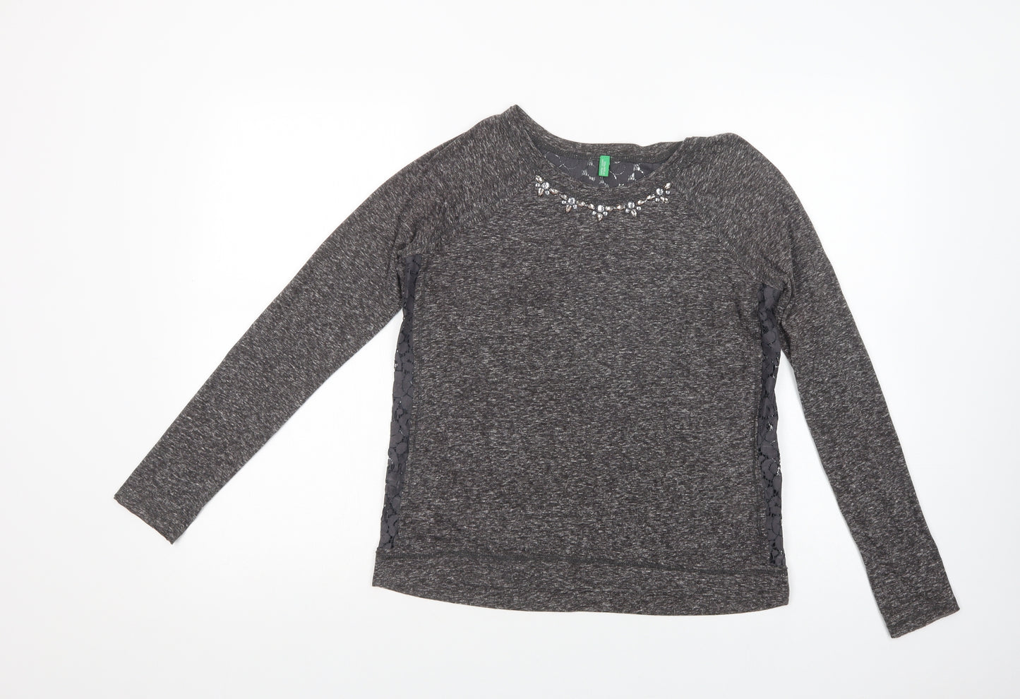 United Colors of Benetton Womens Grey  Cotton Basic Blouse Size S Crew Neck - Embellished Neckline
