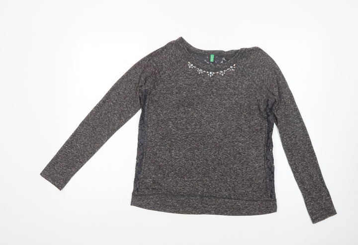 United Colors of Benetton Womens Grey  Cotton Basic Blouse Size S Crew Neck - Embellished Neckline