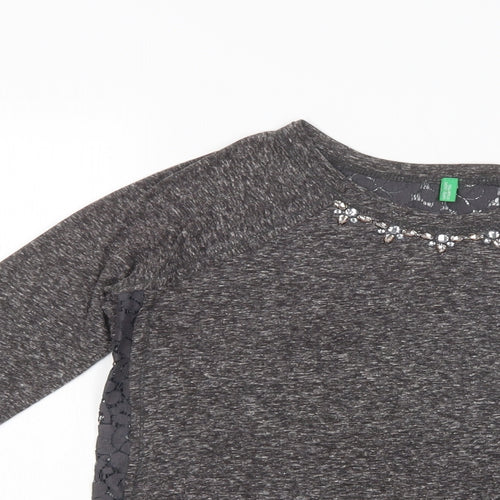 United Colors of Benetton Womens Grey  Cotton Basic Blouse Size S Crew Neck - Embellished Neckline