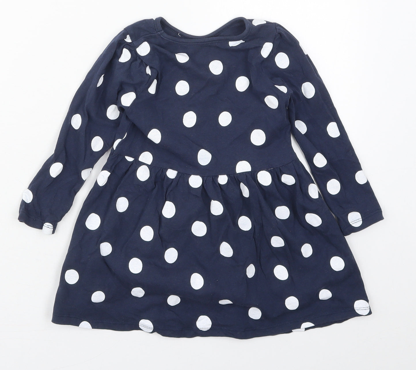 Primark Girls Blue Polka Dot Cotton Skater Dress  Size 2-3 Years  Crew Neck Pullover