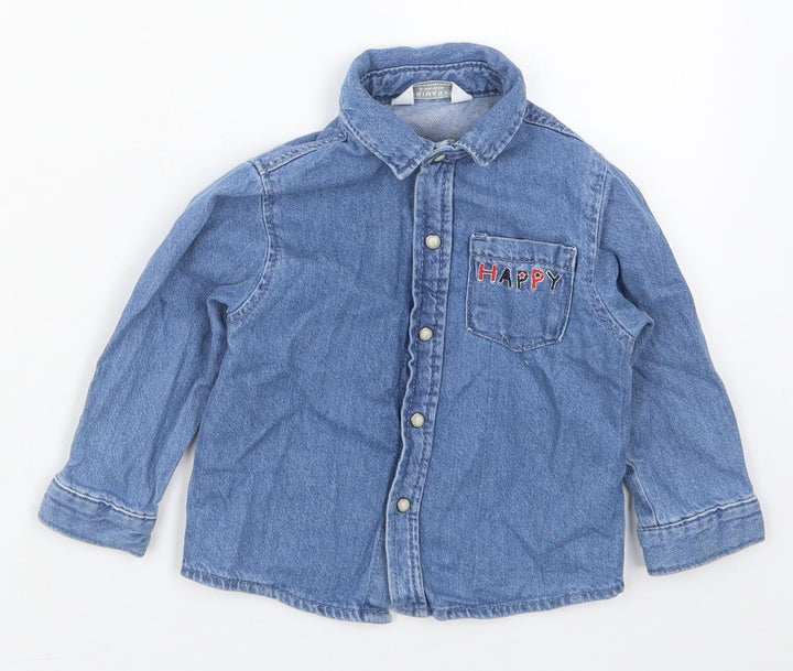 Primark Boys Blue  Cotton Basic Button-Up Size 12-18 Months Collared Button - Happy