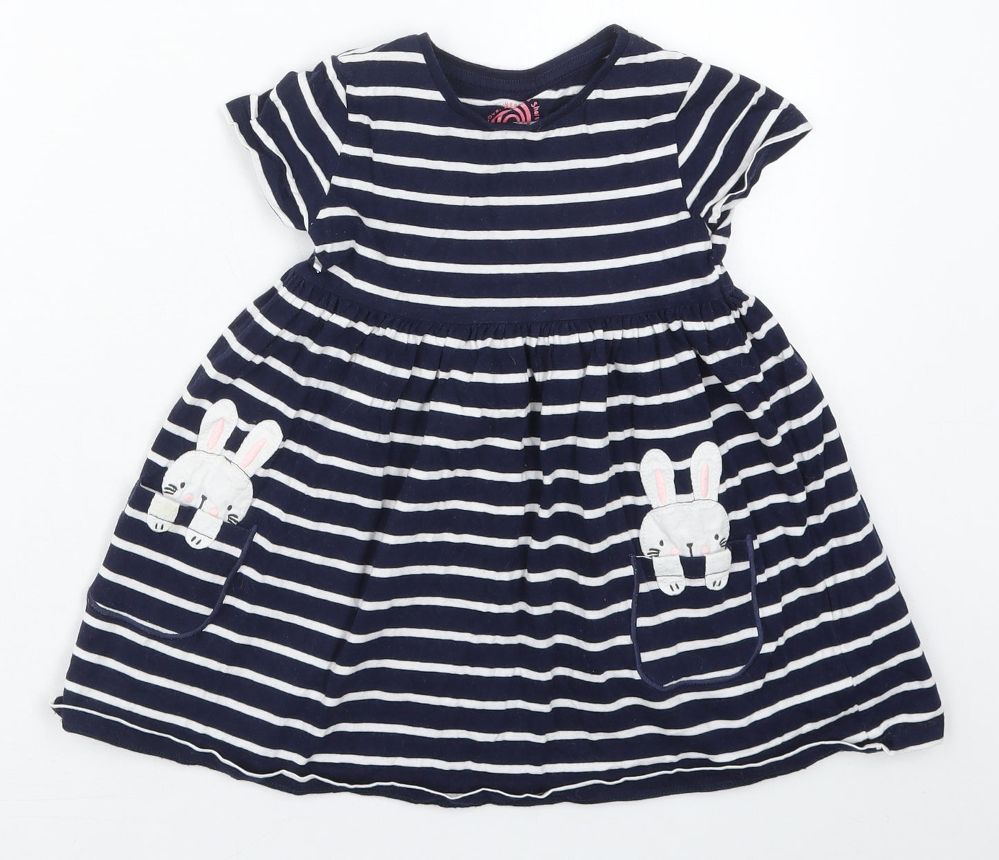 F&F Girls Blue Striped Cotton Skater Dress  Size 3-4 Years  Crew Neck Pullover - Rabbits