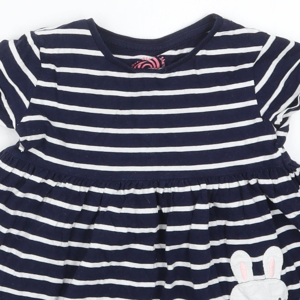 F&F Girls Blue Striped Cotton Skater Dress  Size 3-4 Years  Crew Neck Pullover - Rabbits