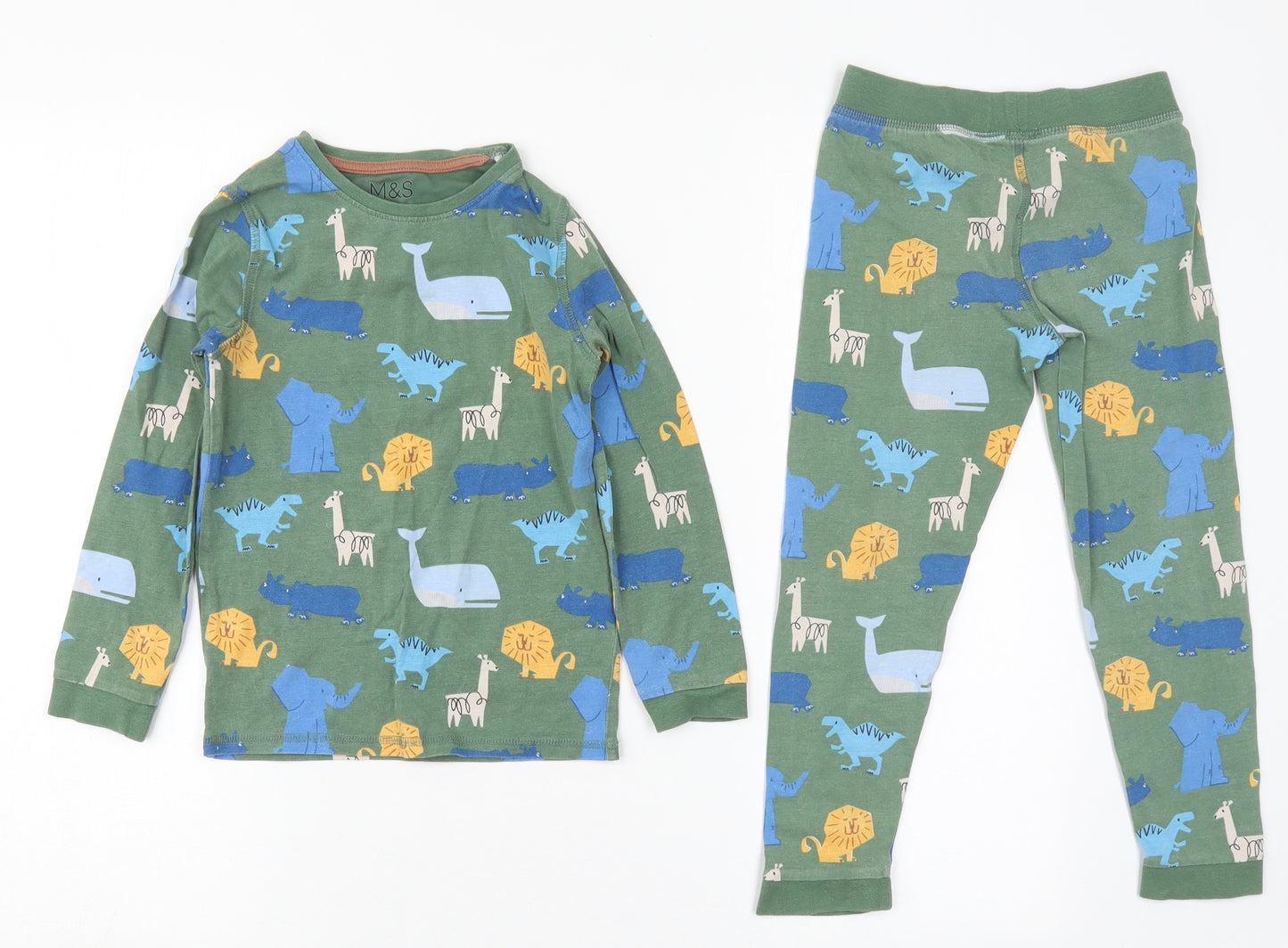 Marks and Spencer Boys Green Solid Cotton  Pyjama Set Size 4-5 Years  Pullover - Animals