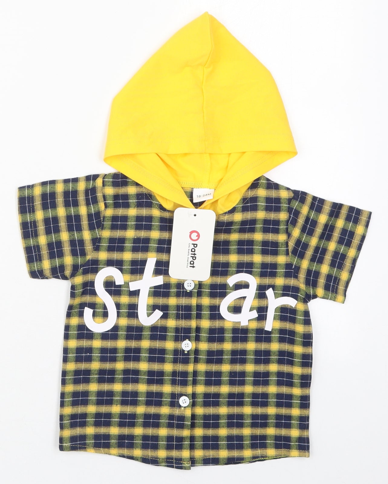 Pat Pat Boys Yellow Check Cotton Basic Button-Up Size 18-24 Months High Neck Button - Star