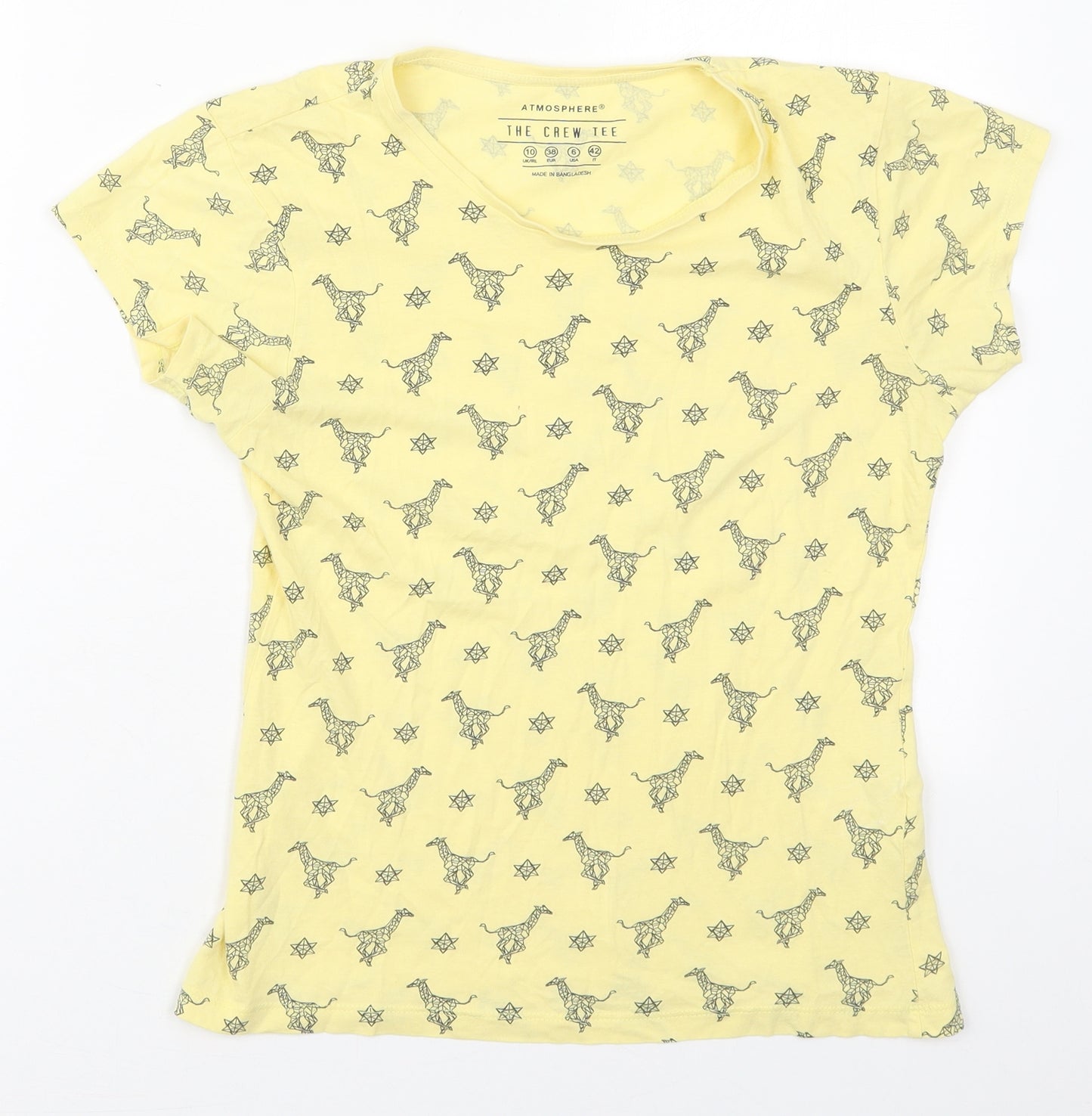 Atmosphere Womens Yellow  Cotton Basic T-Shirt Size 10 Crew Neck - Stars Giraffes