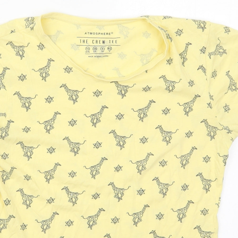 Atmosphere Womens Yellow  Cotton Basic T-Shirt Size 10 Crew Neck - Stars Giraffes