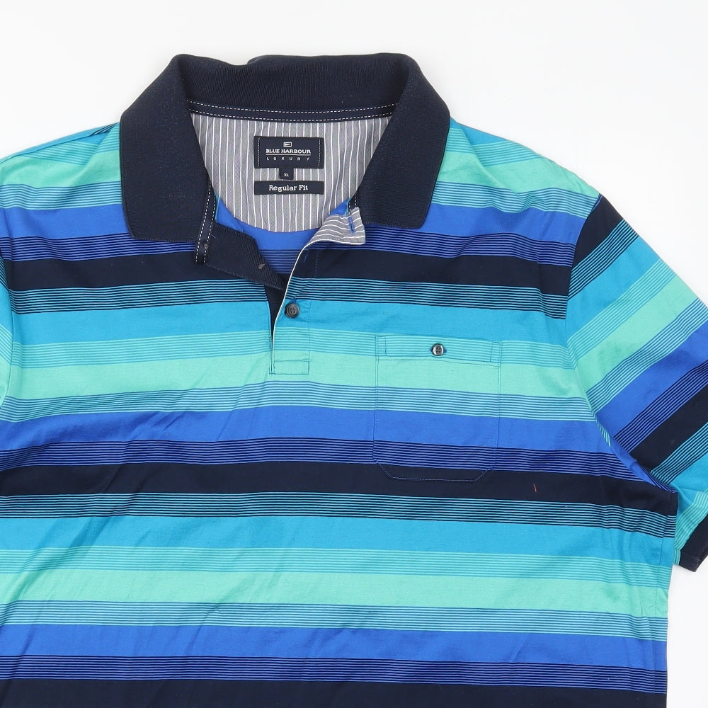 Marks and Spencer Mens Blue Striped Cotton  Polo Size XL Collared Pullover