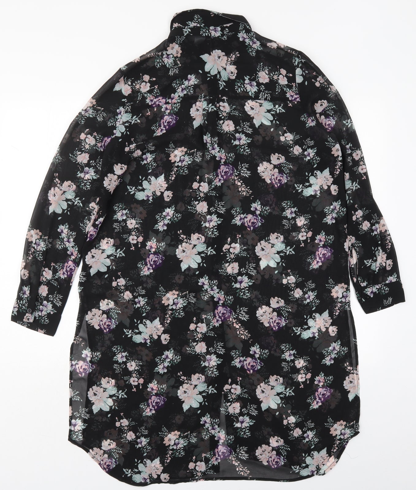 H&M Womens Black Floral Polyester Shirt Dress  Size 14  Collared Button