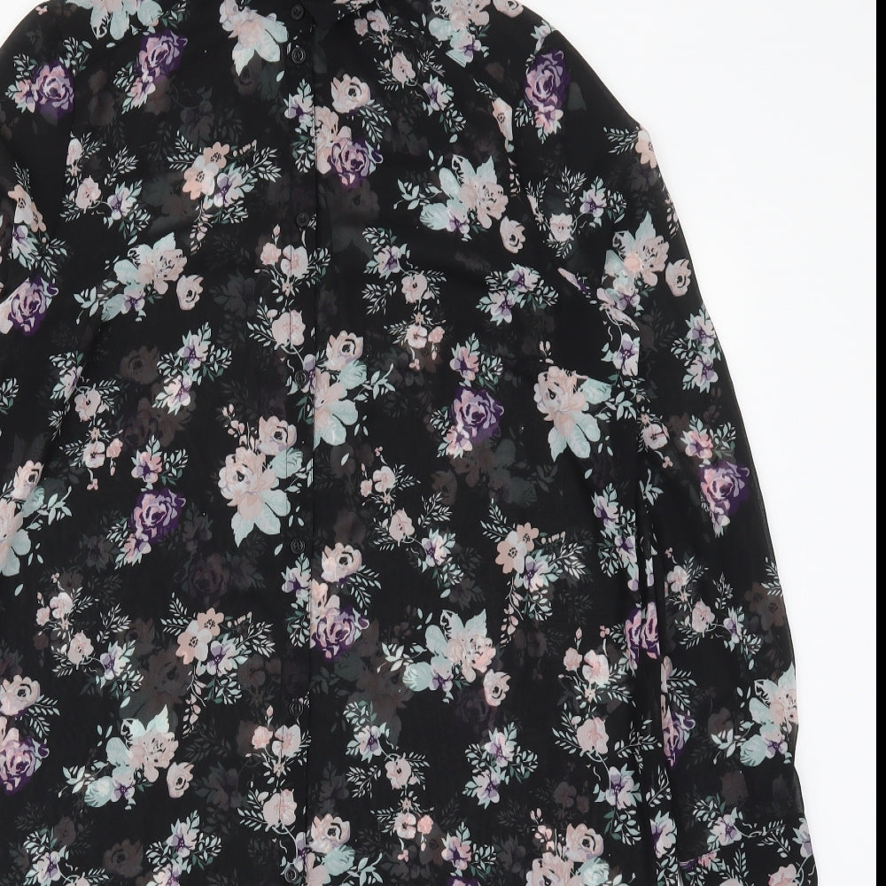 H&M Womens Black Floral Polyester Shirt Dress  Size 14  Collared Button