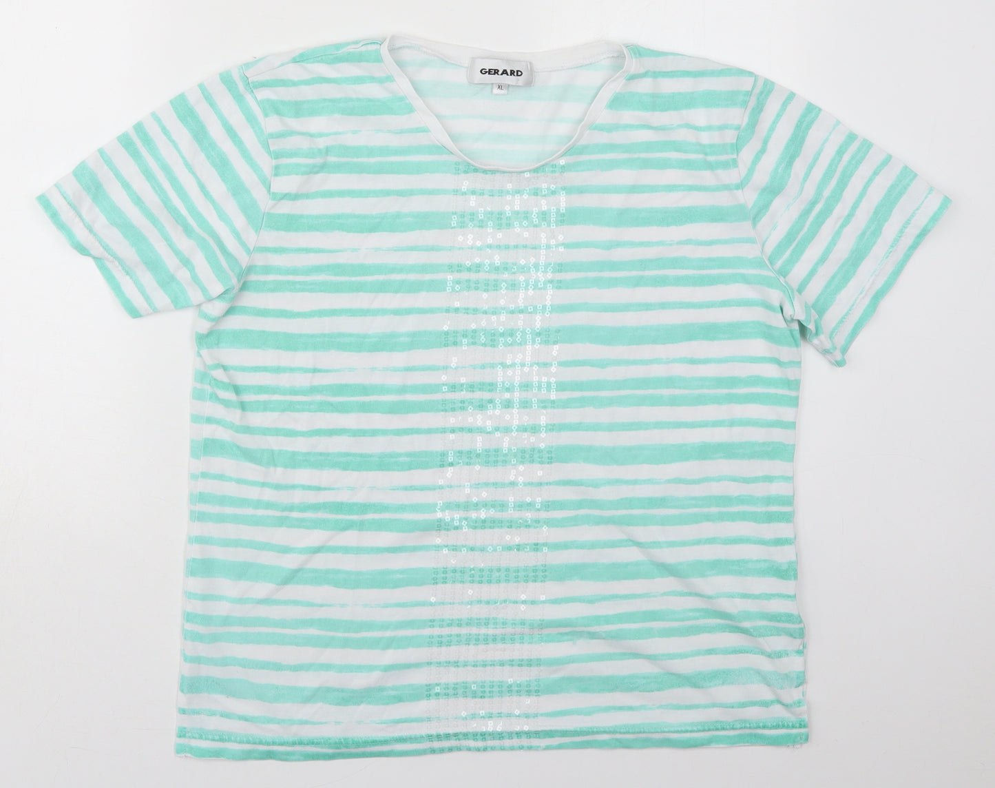 Gerard Womens Green Striped Cotton Basic T-Shirt Size XL Crew Neck