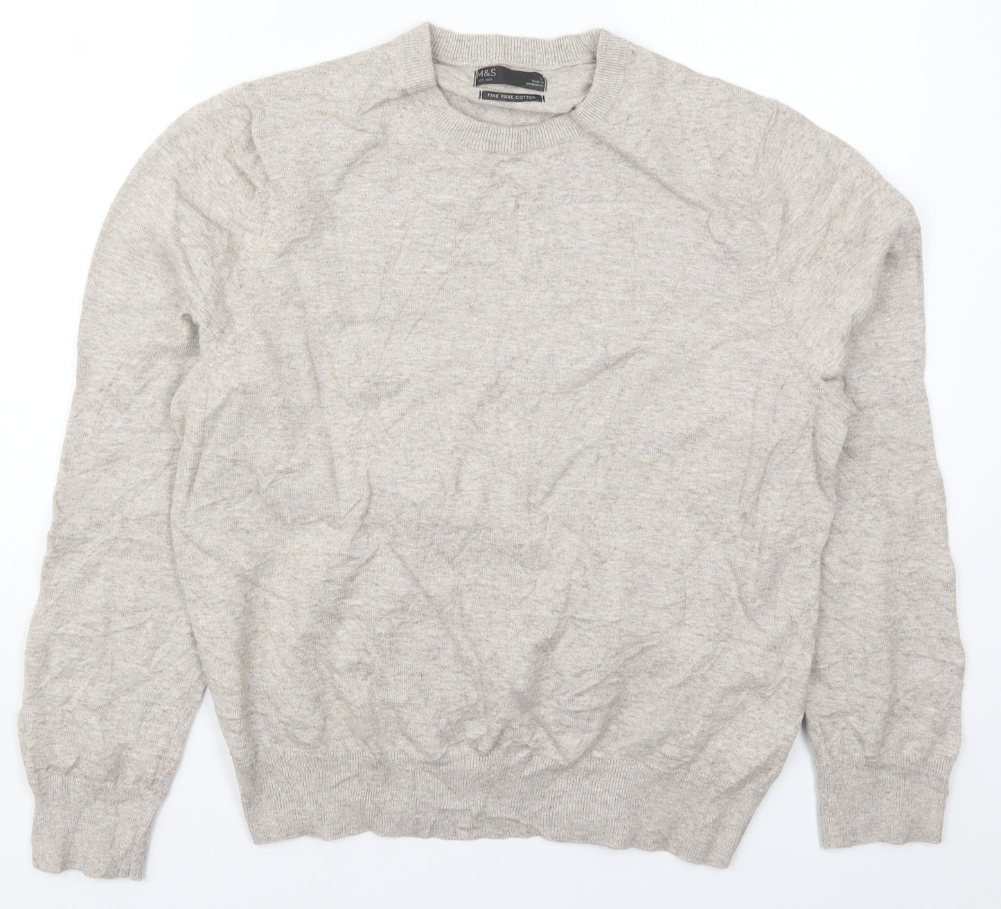 Marks and Spencer Mens Beige Crew Neck  Cotton Pullover Jumper Size L