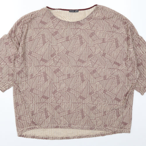 Zara Womens Beige Geometric Polyester Basic T-Shirt Size M Round Neck