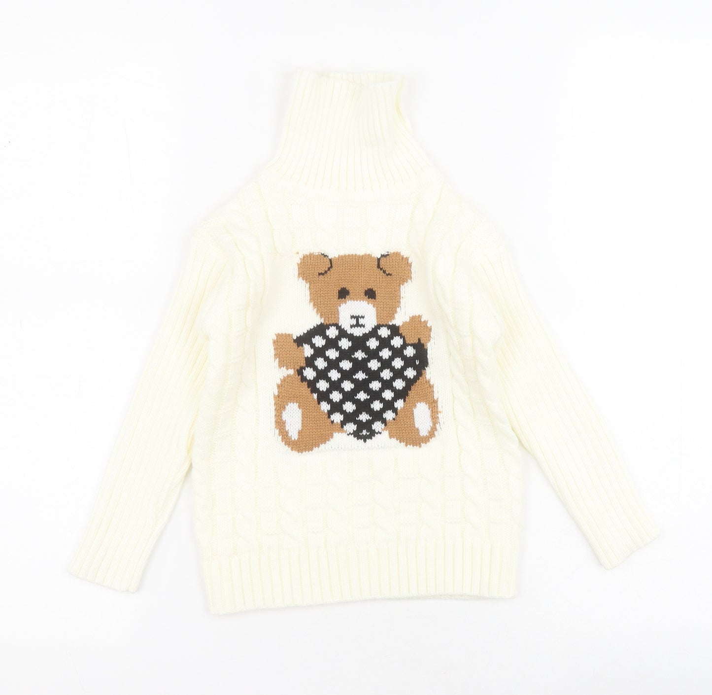 SheIn Girls White Roll Neck  Cotton Pullover Jumper Size 3 Years  Pullover - Teddy bear