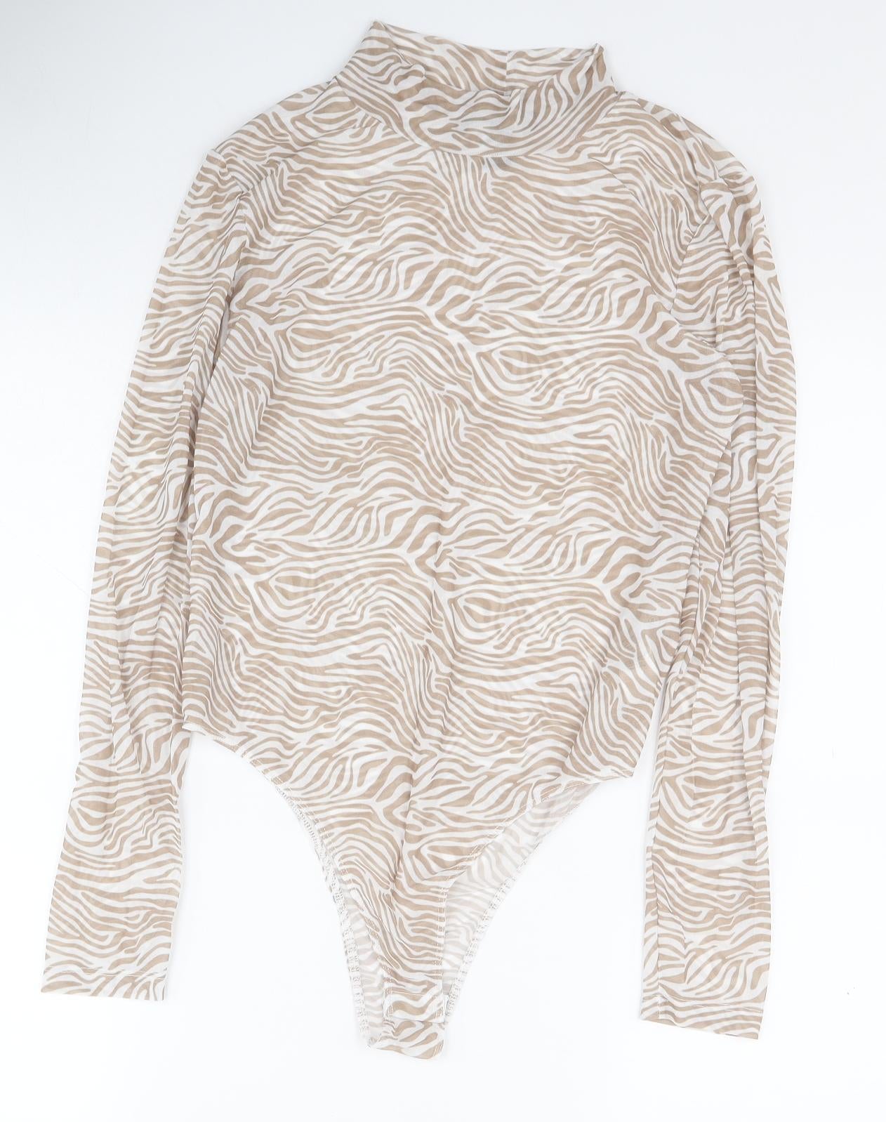 Primark Womens Beige Animal Print Polyester Bodysuit One-Piece Size M L11 in Snap