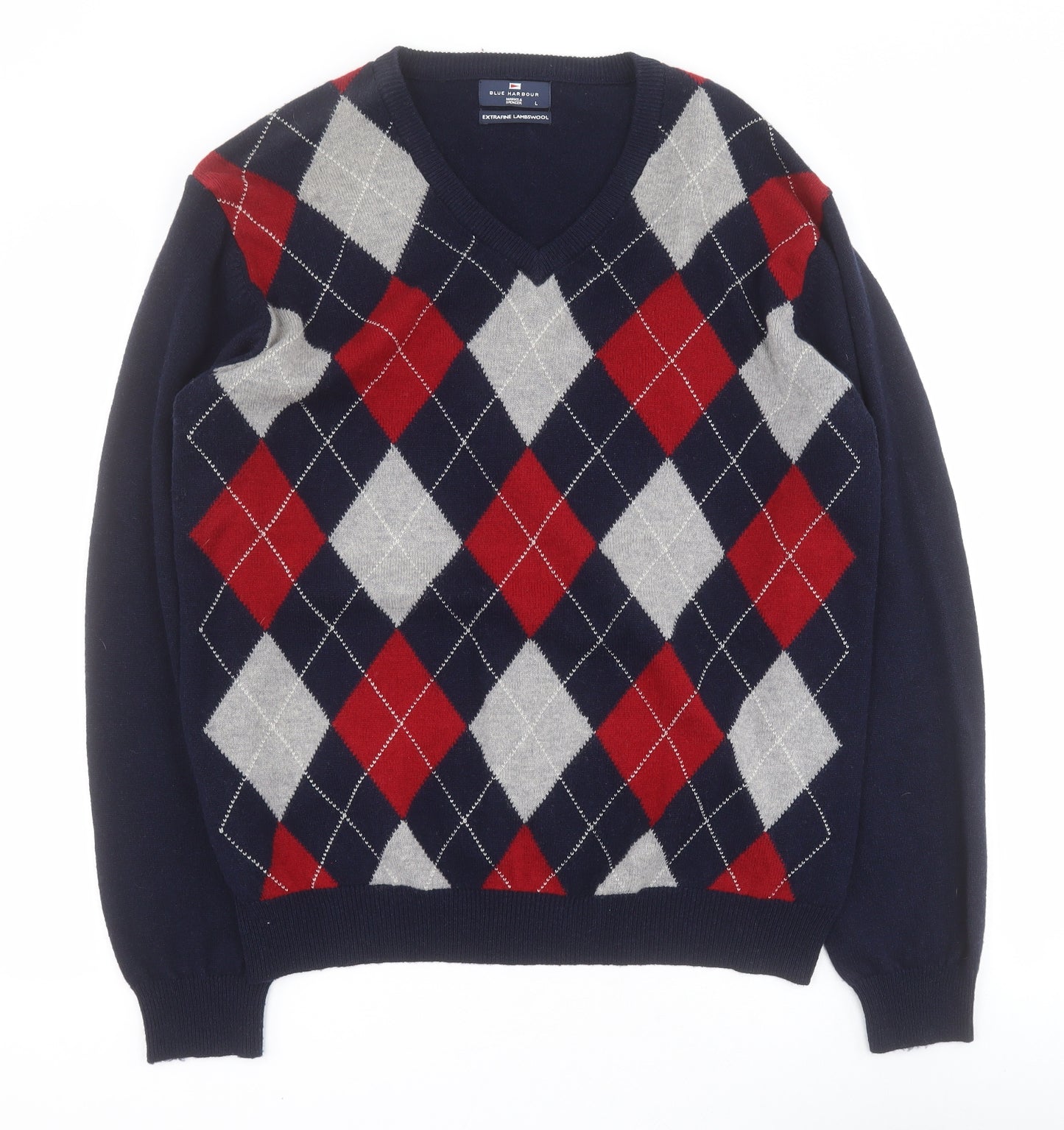 Marks and Spencer Mens Blue V-Neck Argyle/Diamond Wool Pullover Jumper Size L
