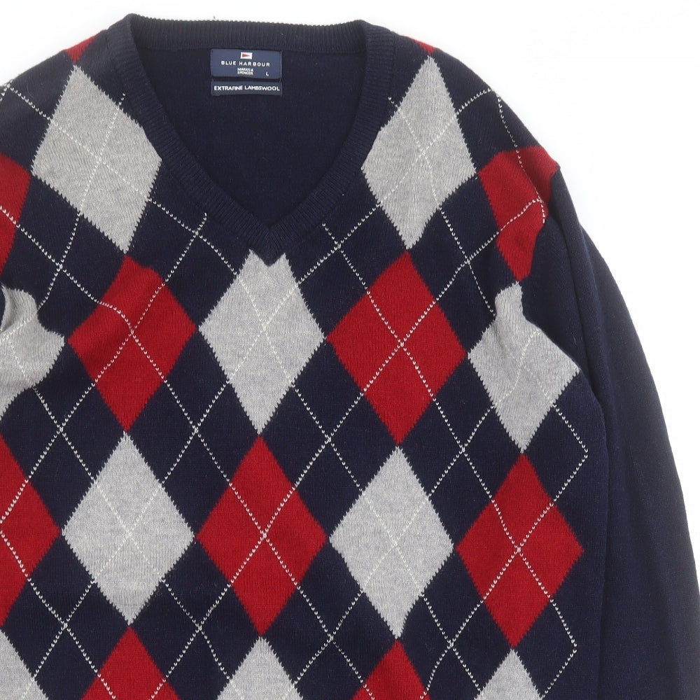 Marks and Spencer Mens Blue V-Neck Argyle/Diamond Wool Pullover Jumper Size L