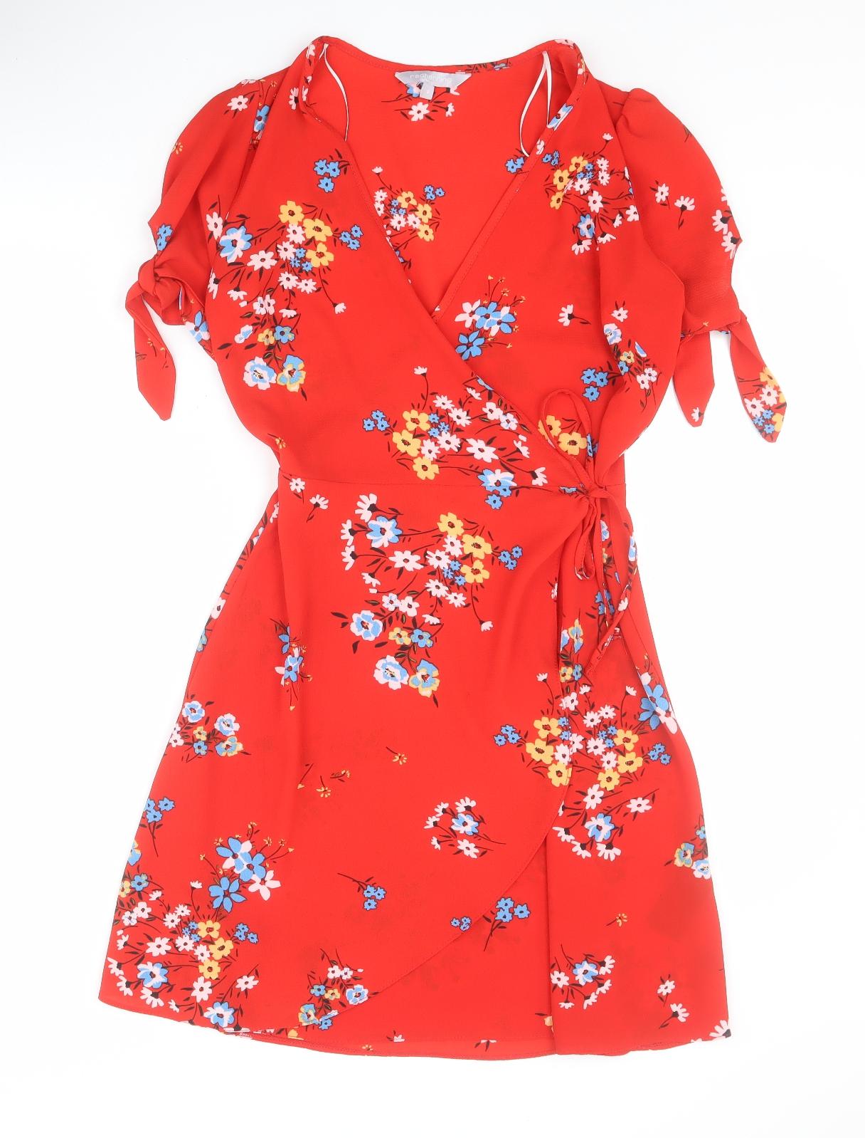 Debenhams Womens Red Floral Polyester Wrap Dress  Size 8  V-Neck Tie