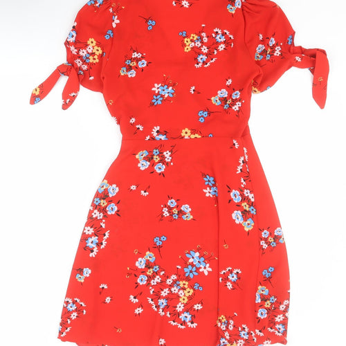 Debenhams Womens Red Floral Polyester Wrap Dress  Size 8  V-Neck Tie