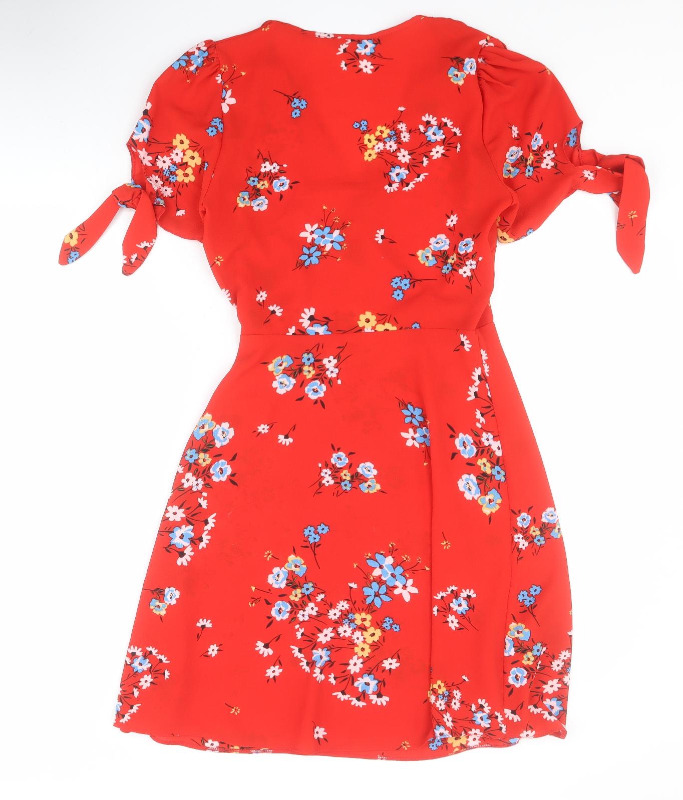 Debenhams Womens Red Floral Polyester Wrap Dress  Size 8  V-Neck Tie