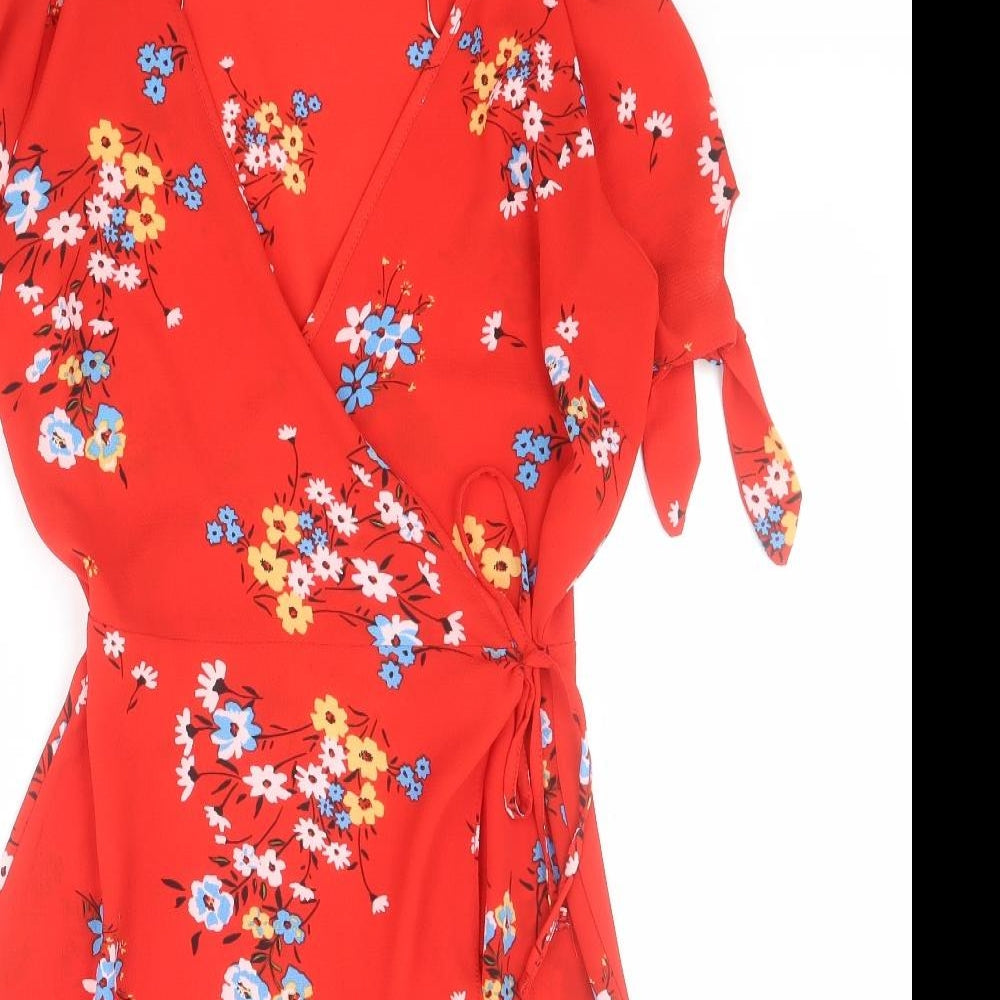 Debenhams Womens Red Floral Polyester Wrap Dress  Size 8  V-Neck Tie