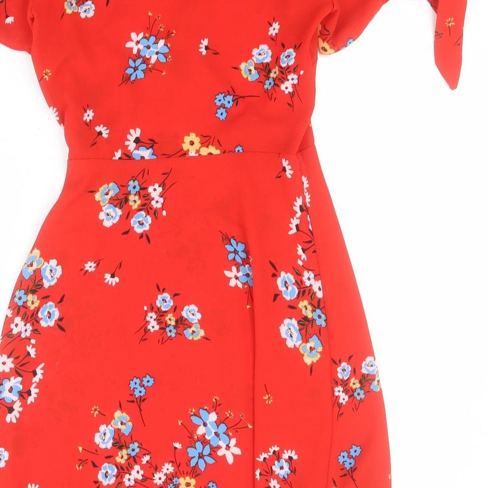 Debenhams Womens Red Floral Polyester Wrap Dress  Size 8  V-Neck Tie