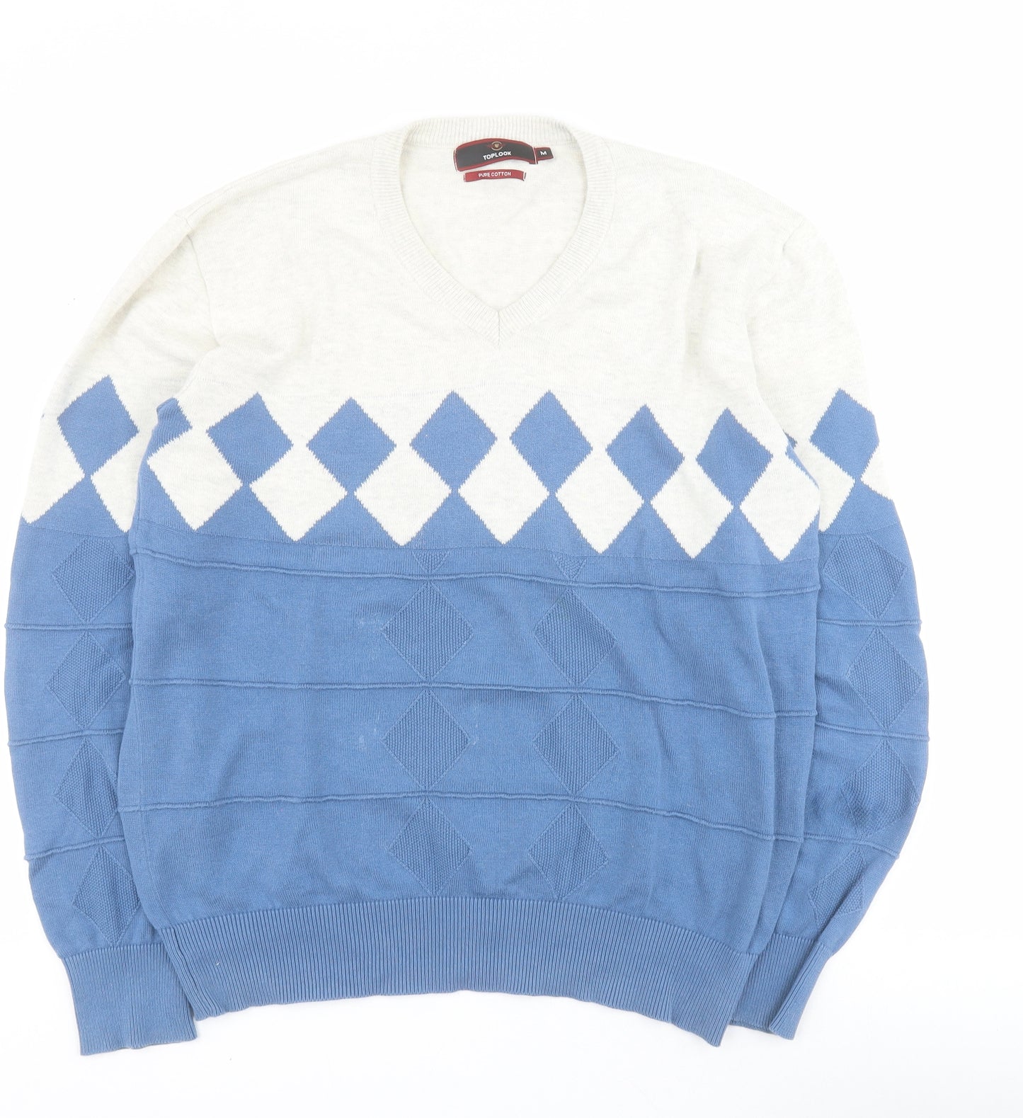 Toplook Mens Blue V-Neck Argyle/Diamond Cotton Pullover Jumper Size M