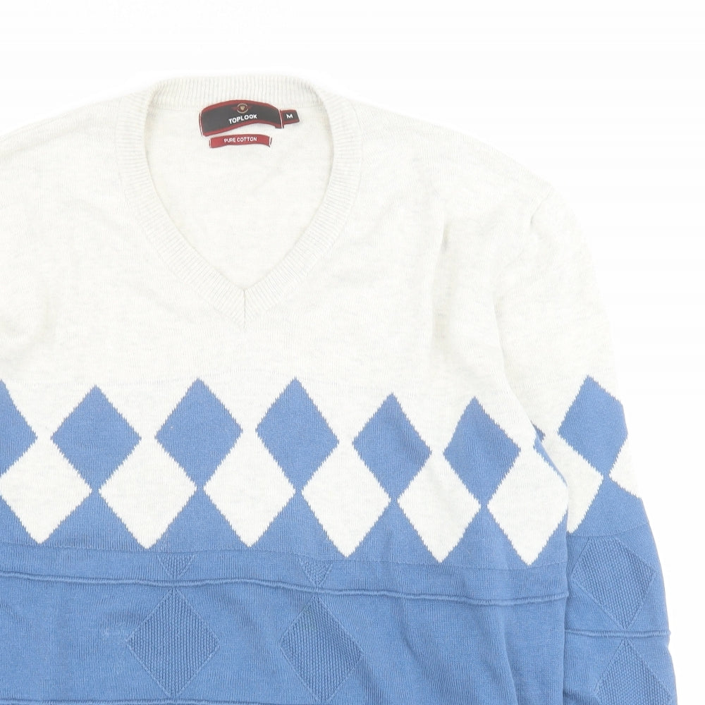 Toplook Mens Blue V-Neck Argyle/Diamond Cotton Pullover Jumper Size M