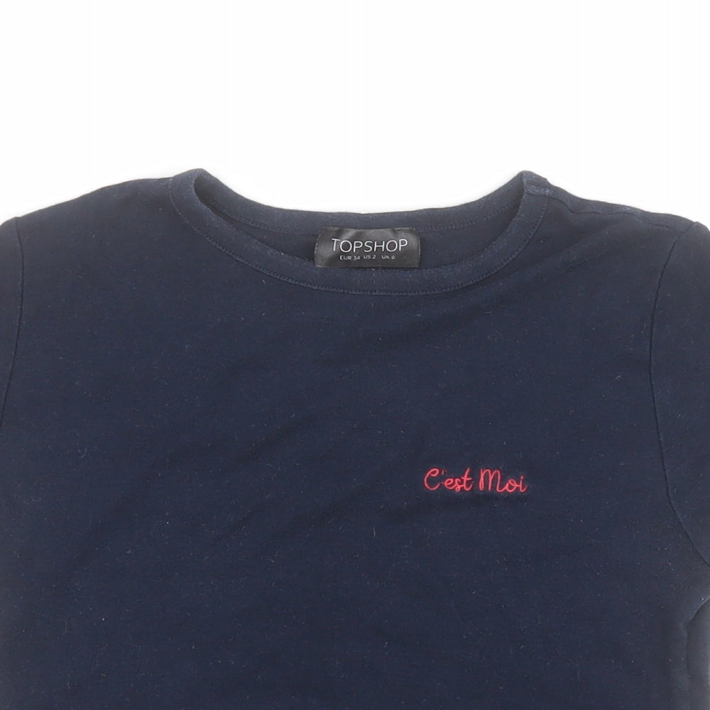 Topshop Womens Blue  100% Cotton Cropped T-Shirt Size 6 Round Neck - C'est moi