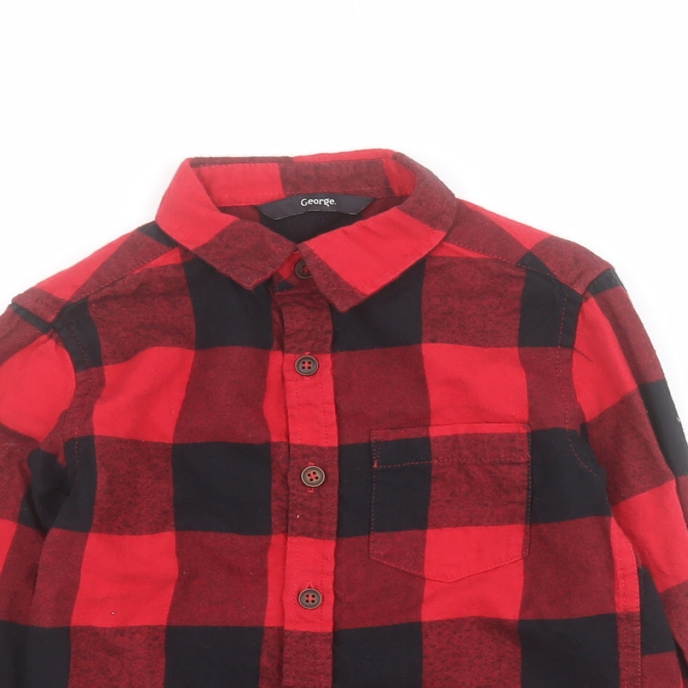 George Boys Red Plaid 100% Cotton Basic Button-Up Size 4-5 Years Collared Button