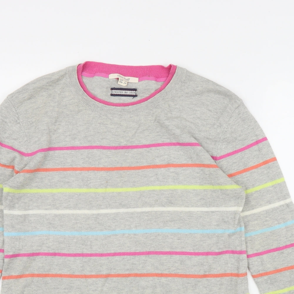 White Stuff Womens Grey Round Neck Striped Wool Pullover Jumper Size 10