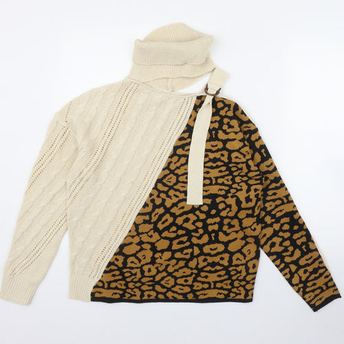 Preworn Womens Beige High Neck Animal Print Polyester Pullover Jumper Size S