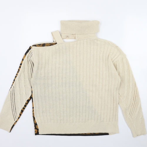 Preworn Womens Beige High Neck Animal Print Polyester Pullover Jumper Size S