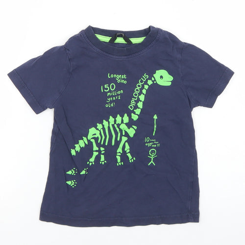 George Boys Blue  Cotton Basic T-Shirt Size 3-4 Years Crew Neck  - diplodocus