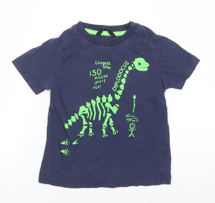George Boys Blue Cotton Basic T-Shirt Size 3-4 Years Crew Neck - diplodocus