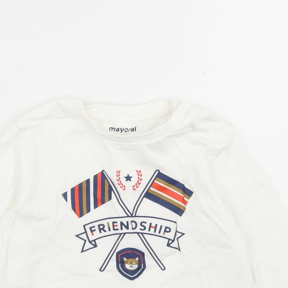Mayoral Boys White  Camel Basic T-Shirt Size 2 Years Crew Neck Snap - Friendship