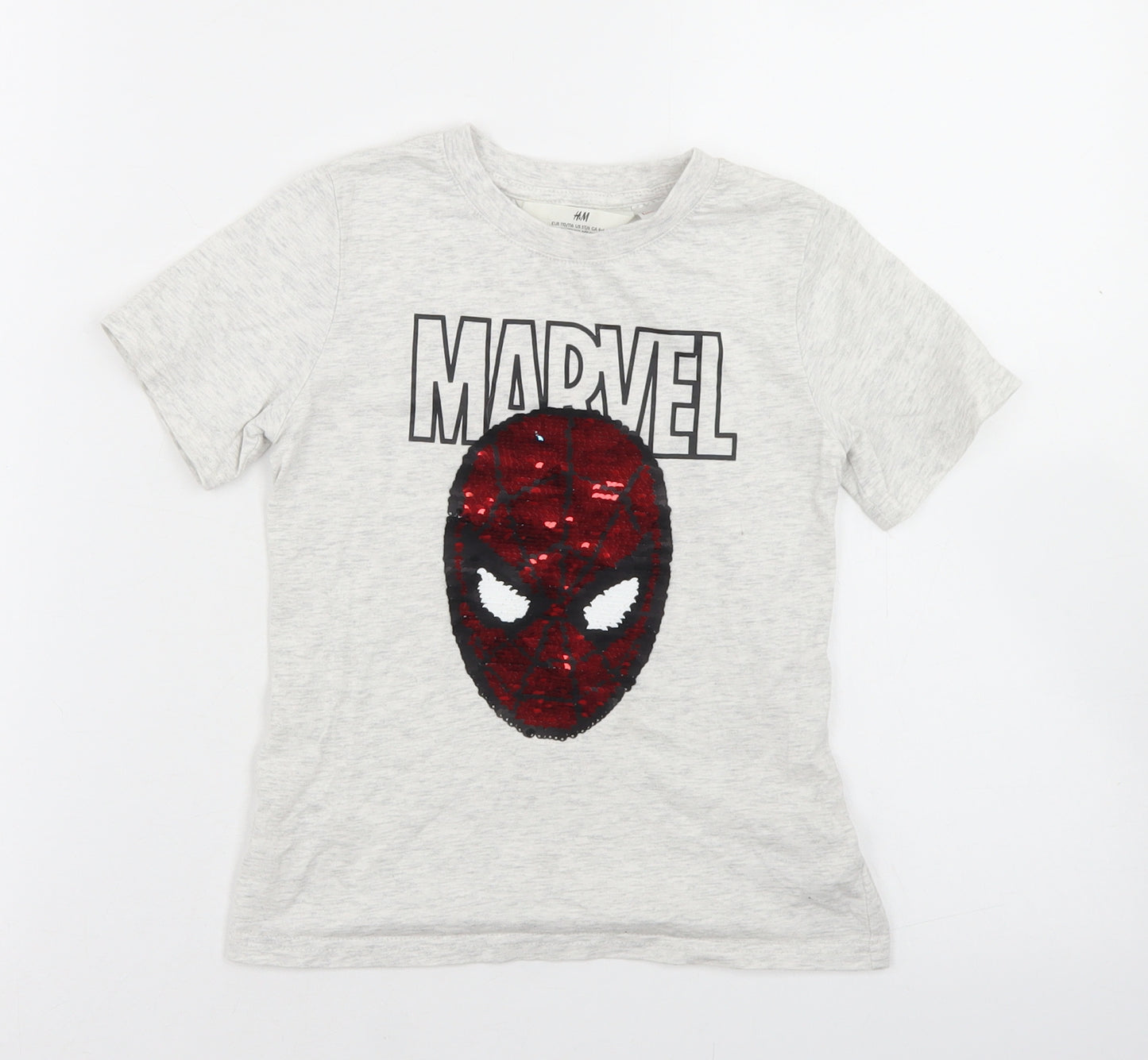 H&M Boys Grey  Cotton Basic T-Shirt Size 4-5 Years Crew Neck  - Spider-Man Reversible Sequins