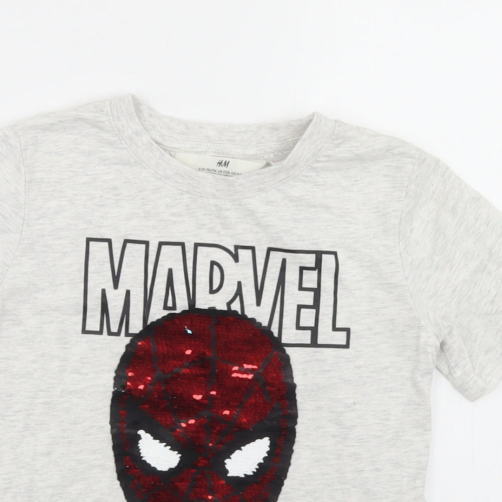 H&M Boys Grey  Cotton Basic T-Shirt Size 4-5 Years Crew Neck  - Spider-Man Reversible Sequins