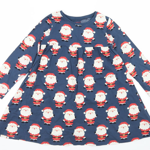NEXT Girls Blue Geometric Cotton Fit & Flare  Size 5-6 Years  Crew Neck  - Christmas Santa